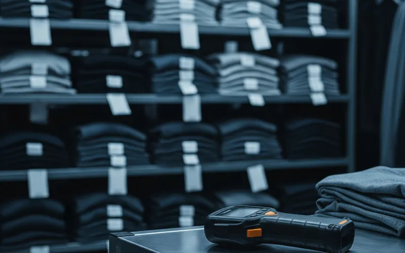 Apparel store sales floor with RFID-tagged inventory
