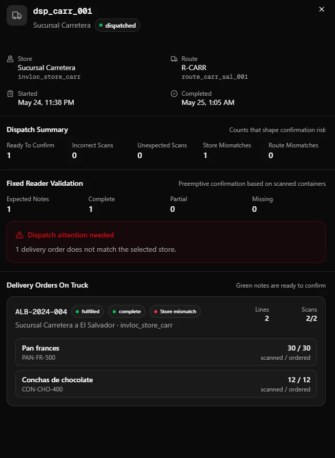 Validación de despacho: resumen de riesgo, validación por lector fijo y alerta de orden que no coincide con la tienda