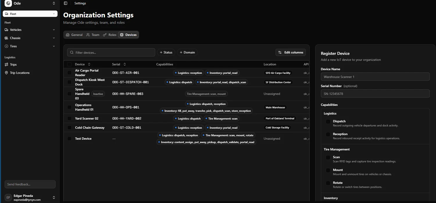 Device registry in Ode: readers, portals and gateways mapped to capabilities like dispatch, reception and inventory