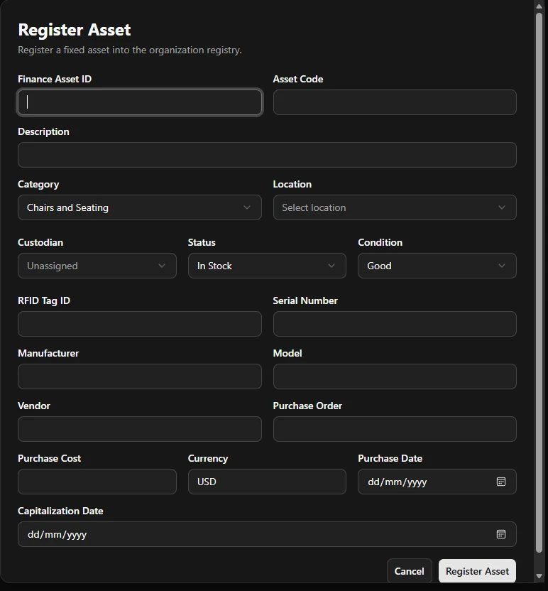 Asset registration form in Ode: finance ID, RFID tag, serial, cost and capitalization