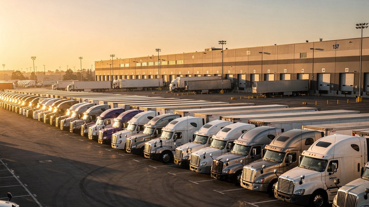 Fleet of semi-trucks lined up at a logistics distribution yard